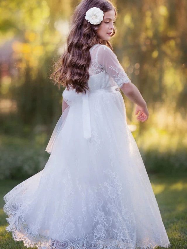 Beautiful Lace Tulle A-Line Floor Length Flower Girl Dress with Long Sleeve and Tier-BallBride