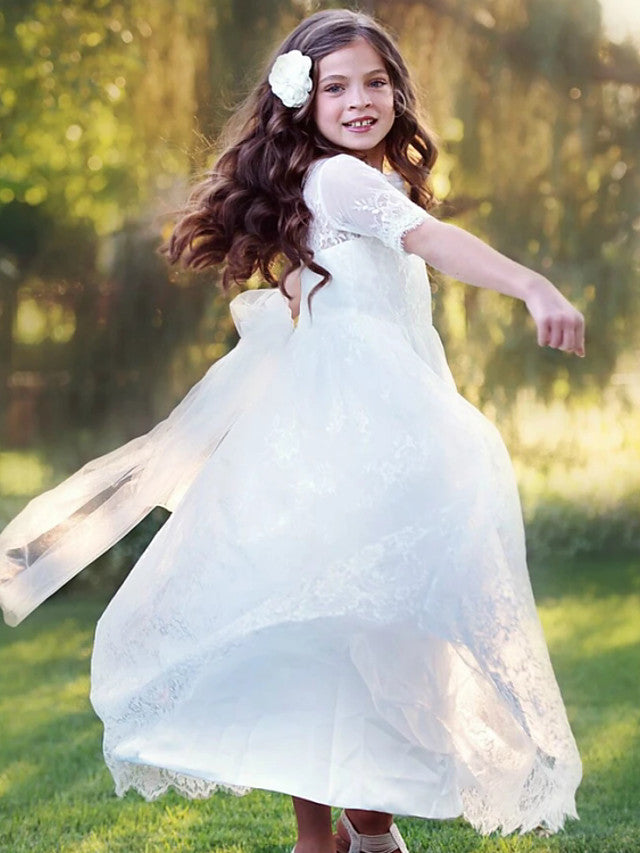 Beautiful Lace Tulle A-Line Floor Length Flower Girl Dress with Long Sleeve and Tier-BallBride