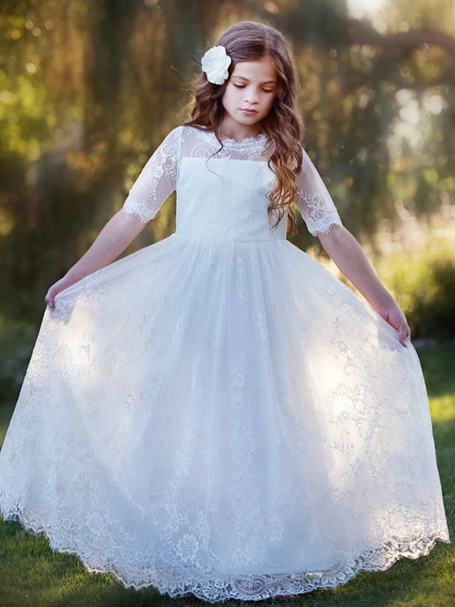 Beautiful Lace Tulle A-Line Floor Length Flower Girl Dress with Long Sleeve and Tier-BallBride