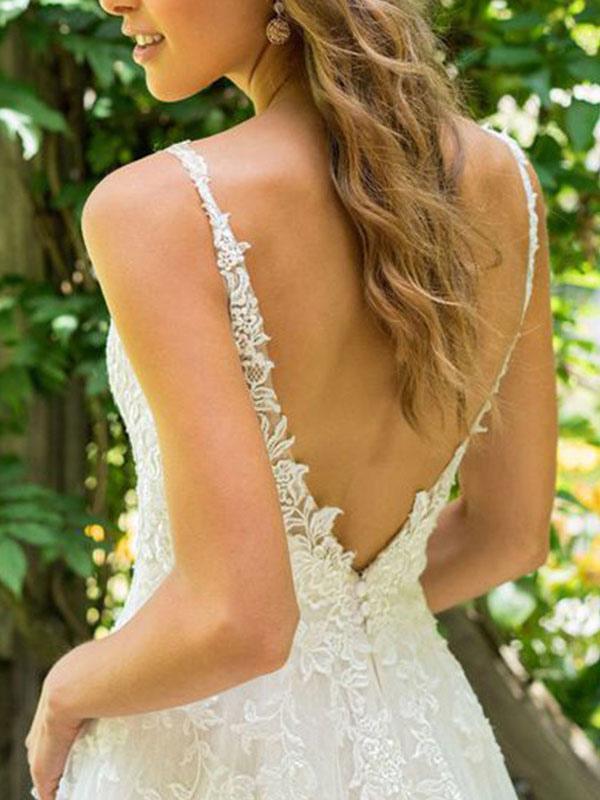 Beautiful Lace Tulle Bridal Gown with Sleeveless V-Neck Design-BallBride