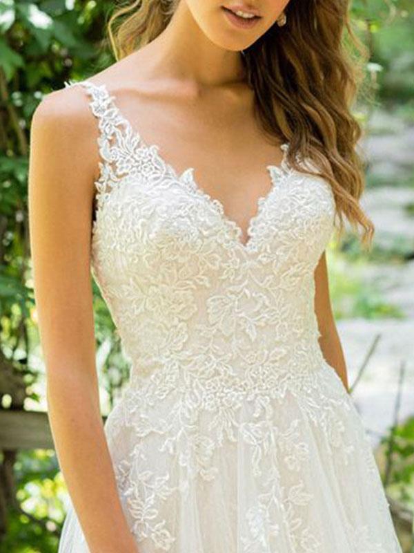 Beautiful Lace Tulle Bridal Gown with Sleeveless V-Neck Design-BallBride