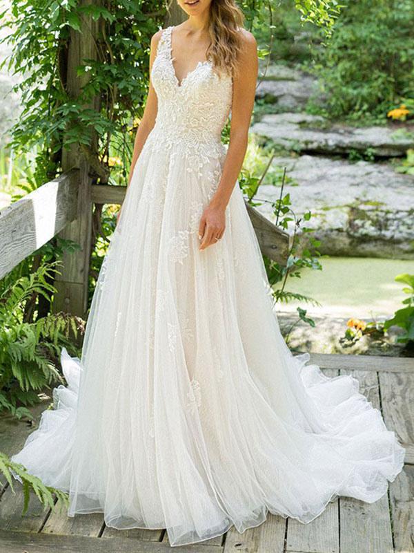 Beautiful Lace Tulle Bridal Gown with Sleeveless V-Neck Design-BallBride