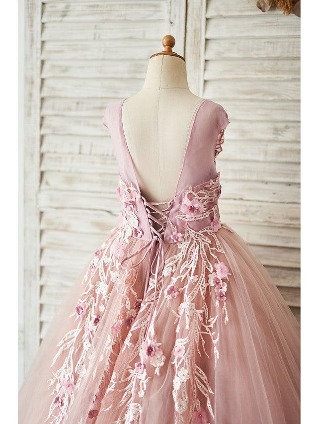 Beautiful Lace Tulle Sleeveless Jewel Ball Gown with Pearls for Flower Girls-BallBride