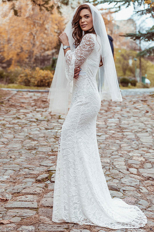 Beautiful Lace Wedding Dress With Split - Long Sleeve-BallBride