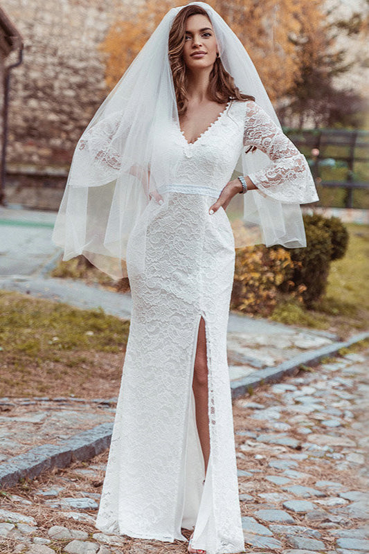 Beautiful Lace Wedding Dress With Split - Long Sleeve-BallBride