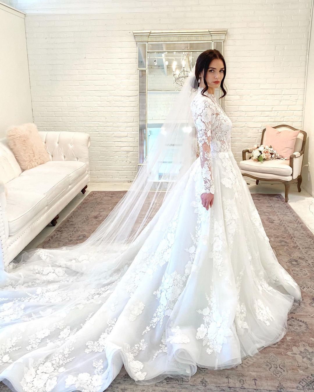 Beautiful Long A-line High Neck Open Back Wedding Dress With Lace Sleeves-BallBride