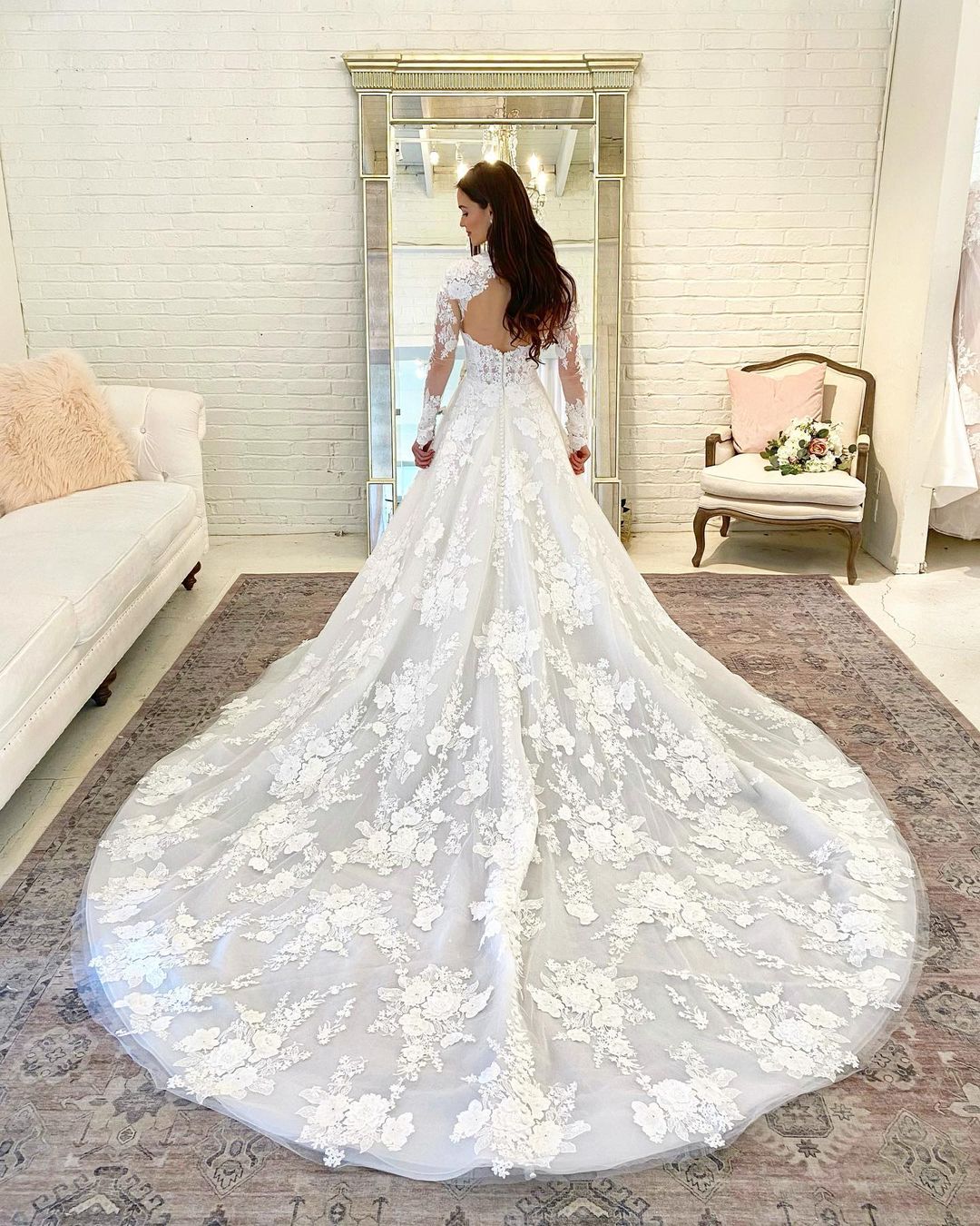 Beautiful Long A-line High Neck Open Back Wedding Dress With Lace Sleeves-BallBride