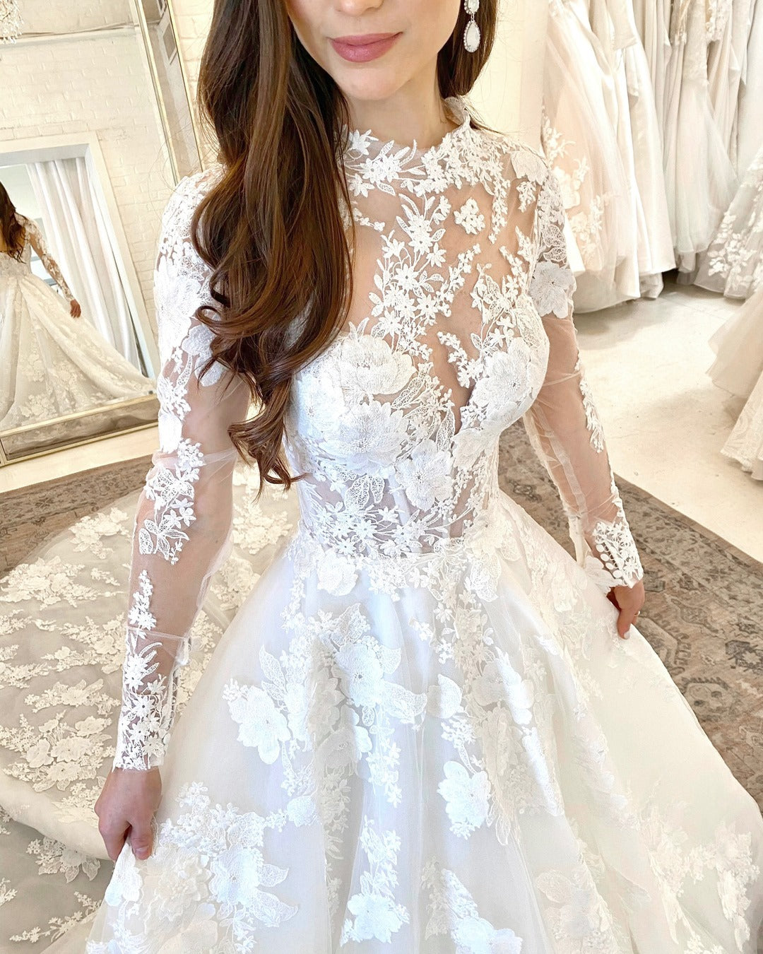 Beautiful Long A-line High Neck Open Back Wedding Dress With Lace Sleeves-BallBride
