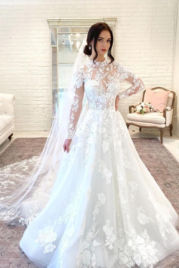 Beautiful Long A-line High Neck Open Back Wedding Dress With Lace Sleeves-BallBride