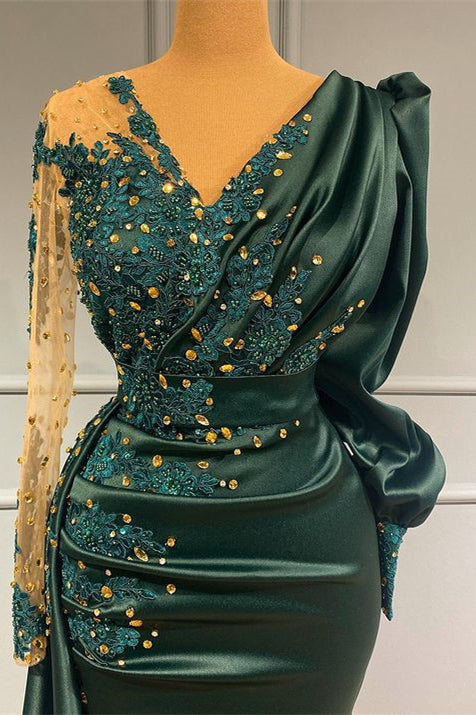 Beautiful Long Sleeves Evening Dress in Dark Green with Appliques-BallBride