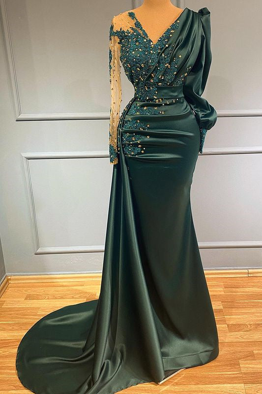 Beautiful Long Sleeves Evening Dress in Dark Green with Appliques-BallBride