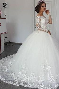 Beautiful Long Sleeves Off-the-Shoulder Ball Gown Wedding Dress with Appliques Lace-BallBride