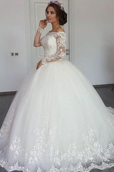 Beautiful Long Sleeves Off-the-Shoulder Ball Gown Wedding Dress with Appliques Lace-BallBride