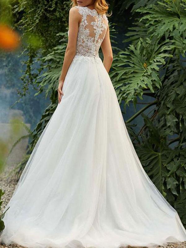 Beautiful Long Tulle Lace Sleeveless Bridal Gown-BallBride