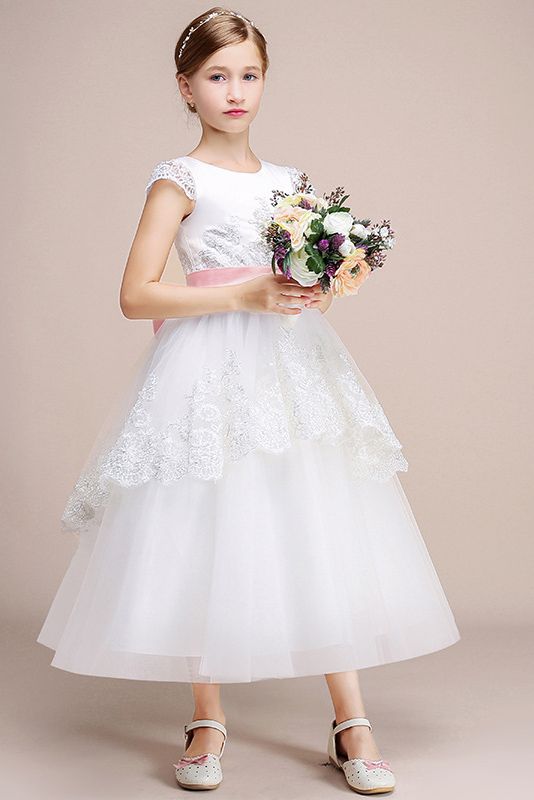 Beautiful Lovely Jewel Cap Sleeves Flower Girl Dress Tulle-BallBride