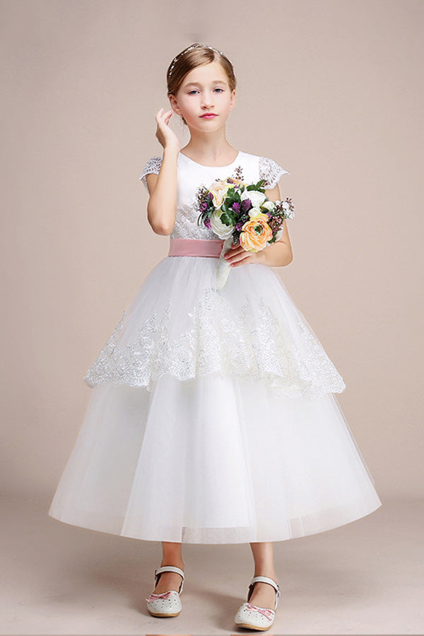 Beautiful Lovely Jewel Cap Sleeves Flower Girl Dress Tulle-BallBride
