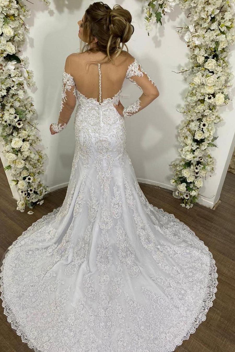 Beautiful Mermaid Lace Wedding Dress with Tulle Sleeves and Off-the-shoulder Design-BallBride