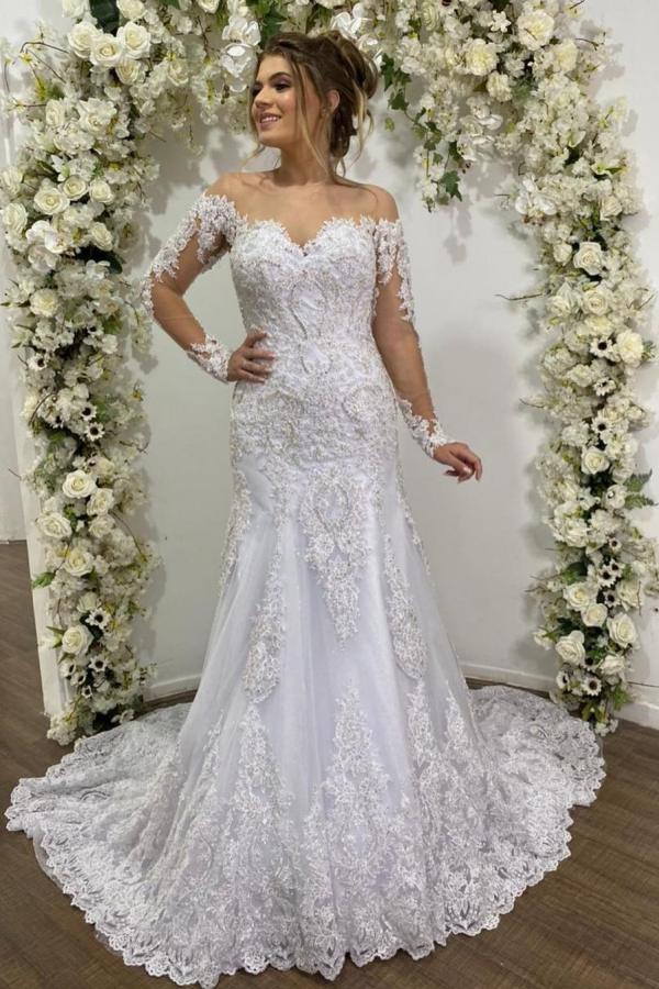 Beautiful Mermaid Lace Wedding Dress with Tulle Sleeves and Off-the-shoulder Design-BallBride
