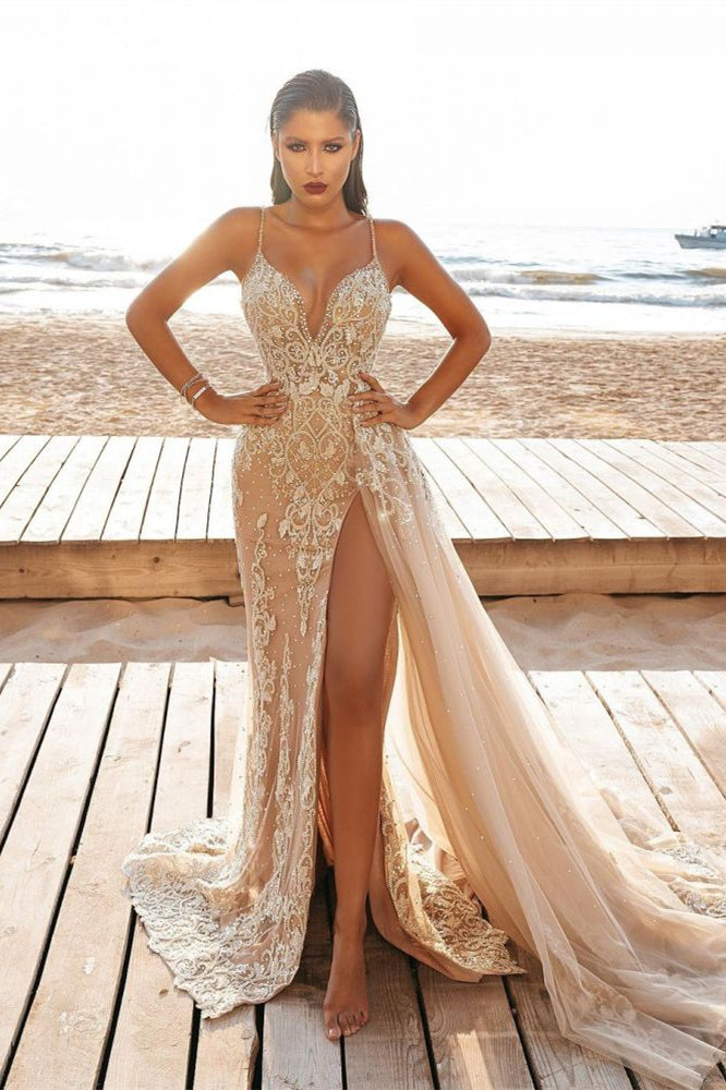 Beautiful Nude Spaghetti-Strap Beadings Wedding Dress Mermaid With Split-BallBride