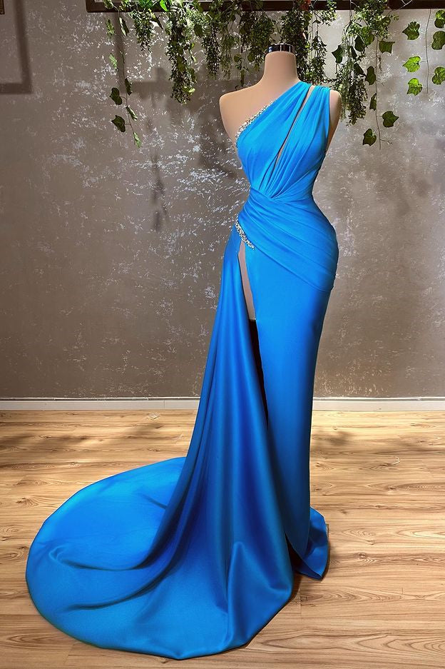 Beautiful Ocean Blue One Shoulder Prom Dress Mermaid with Split-BallBride