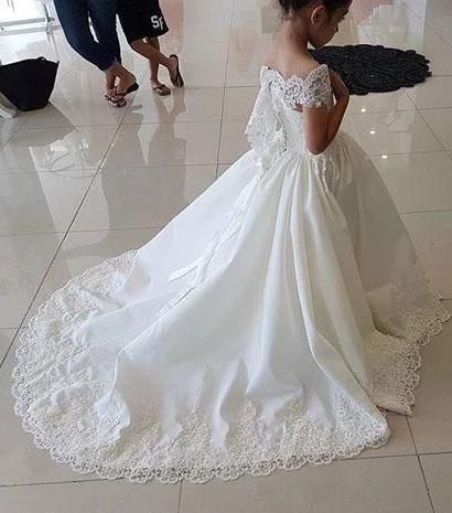 Beautiful Off-the-shoulder A-line Flower Girl Dress with Satin Lace Beads & Appliques-BallBride