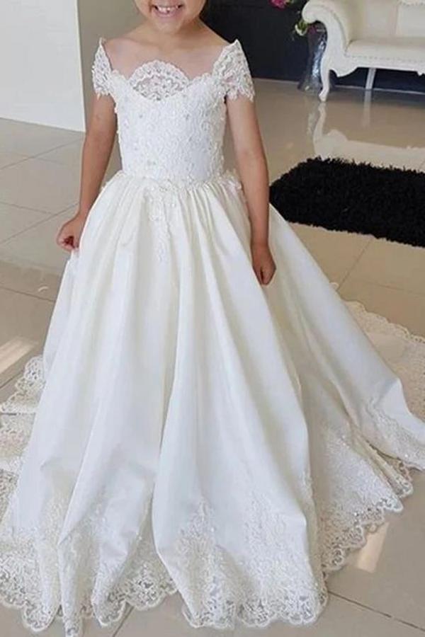 Beautiful Off-the-shoulder A-line Flower Girl Dress with Satin Lace Beads & Appliques-BallBride