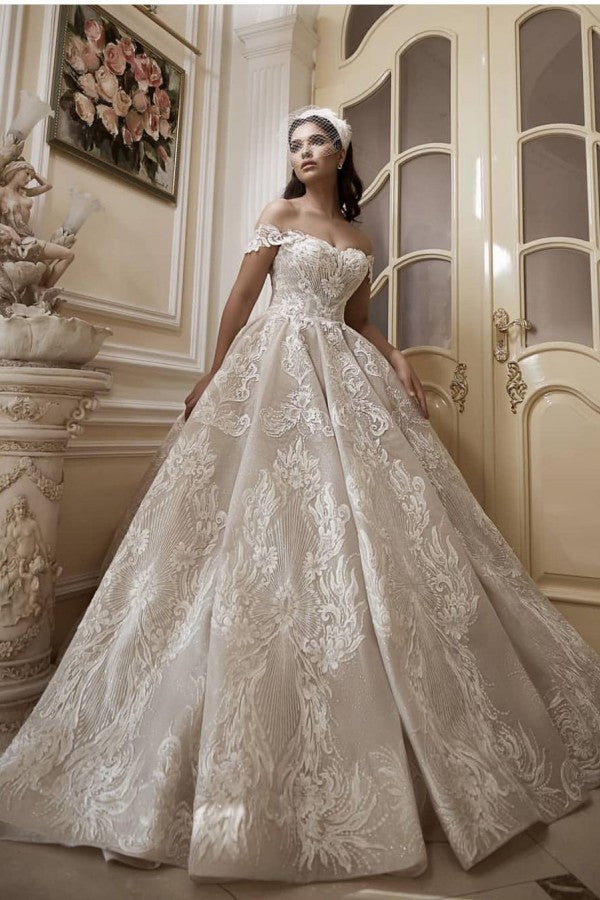 Beautiful Off-the-Shoulder A-Line Wedding Dress With Appliques Lace-BallBride