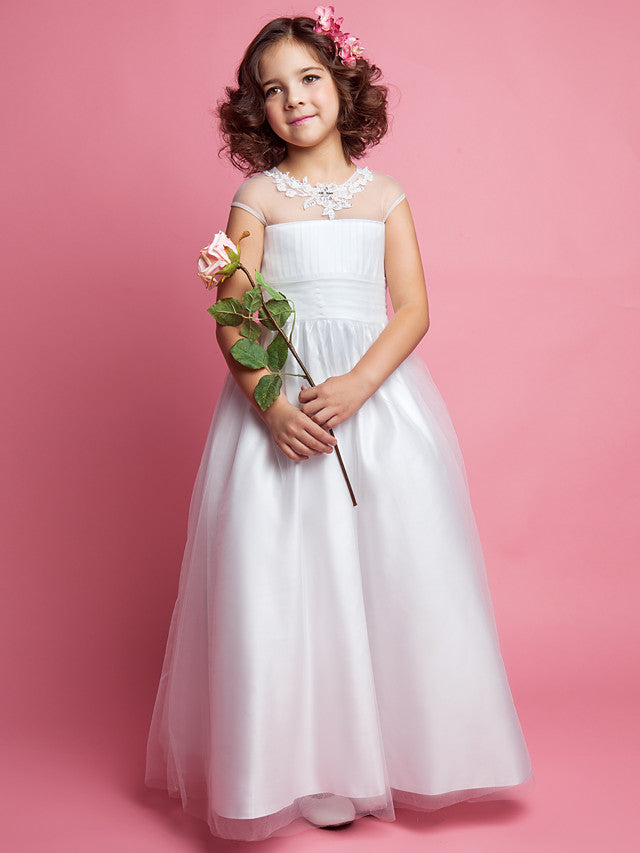 Beautiful Princess A-Line Floor Length Flower Girl Dress With Ruched Beading & Appliques for Weddings & First Communions-BallBride