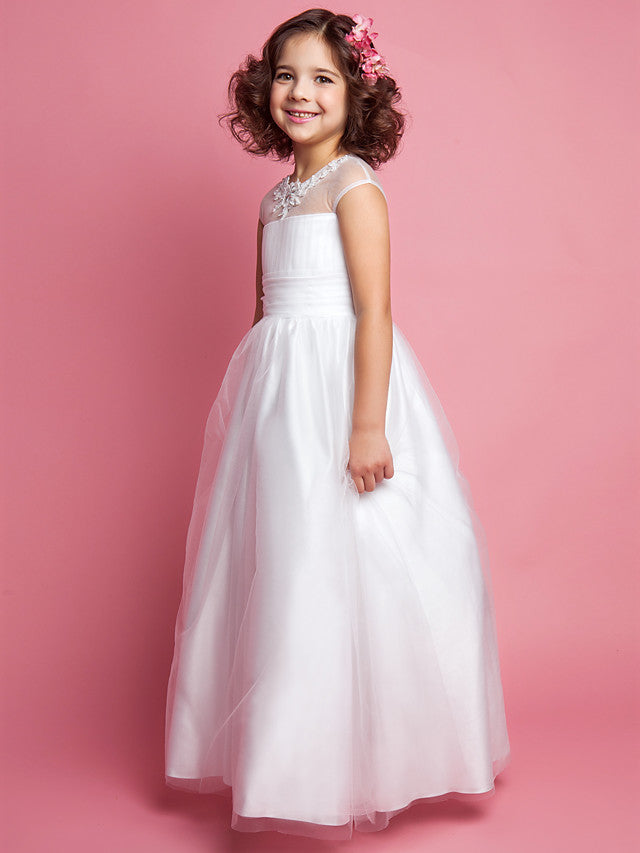 Beautiful Princess A-Line Floor Length Flower Girl Dress With Ruched Beading & Appliques for Weddings & First Communions-BallBride