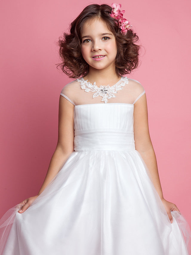 Beautiful Princess A-Line Floor Length Flower Girl Dress With Ruched Beading & Appliques for Weddings & First Communions-BallBride