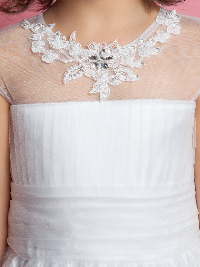Beautiful Princess A-Line Floor Length Flower Girl Dress With Ruched Beading & Appliques for Weddings & First Communions-BallBride