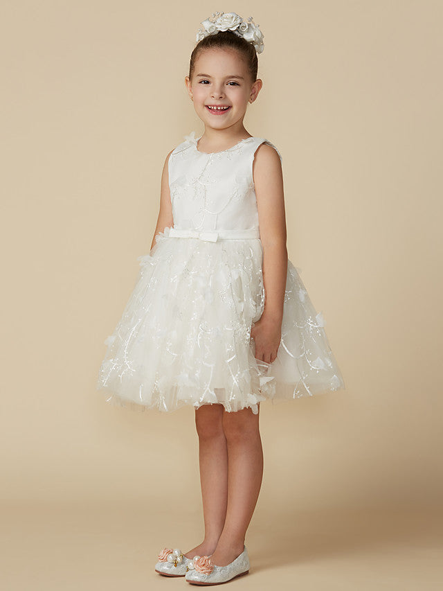Beautiful Princess Jewel Short Length Sleeveless Flower Girl Dress with Lace and Belt-BallBride