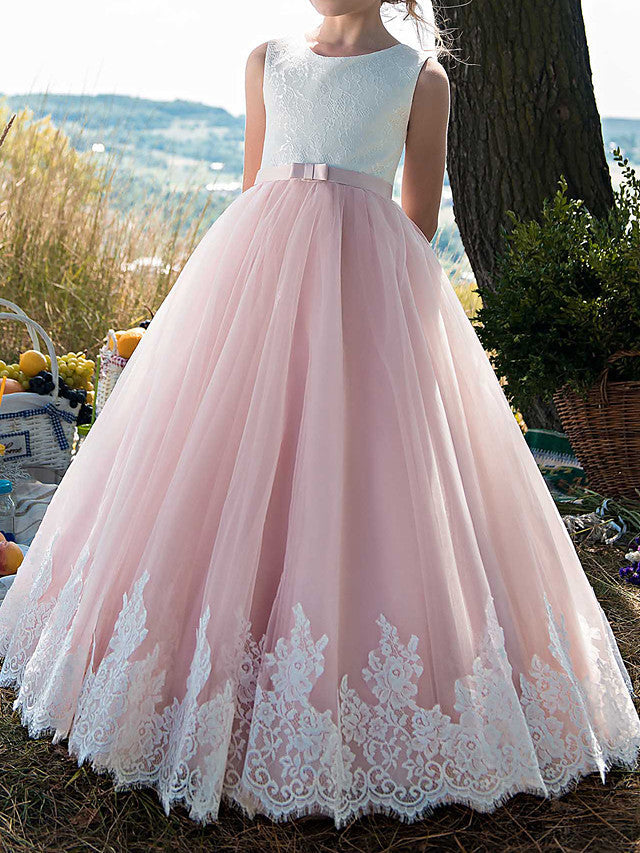 Beautiful Princess Sleeveless Jewel Neck Flower Girl Dress with Tulle Cotton and Lace Belt Appliques-BallBride