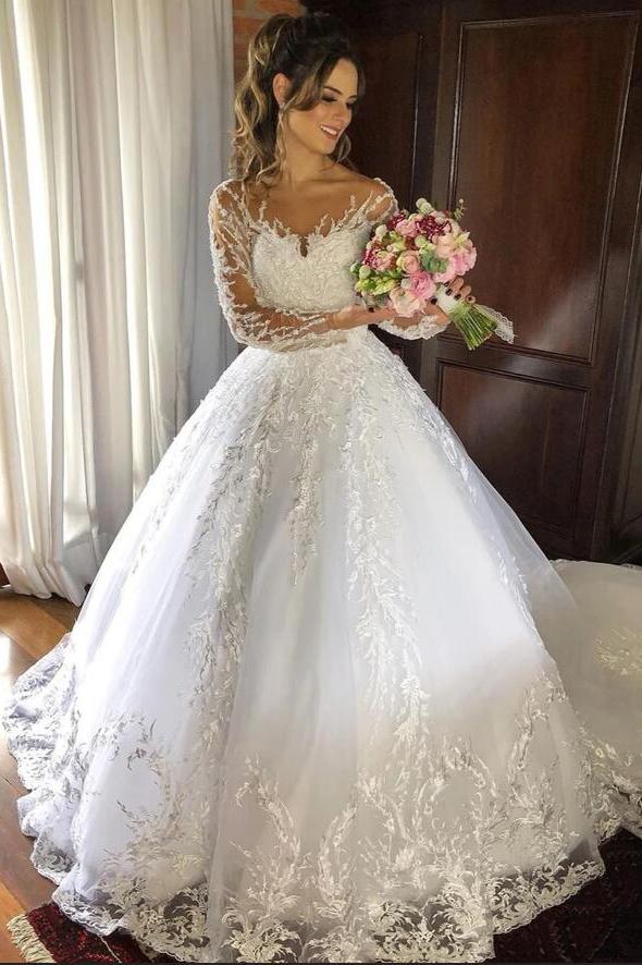 Beautiful Princess Tulle Long Sleeves Wedding Dress With Appliques Online-BallBride
