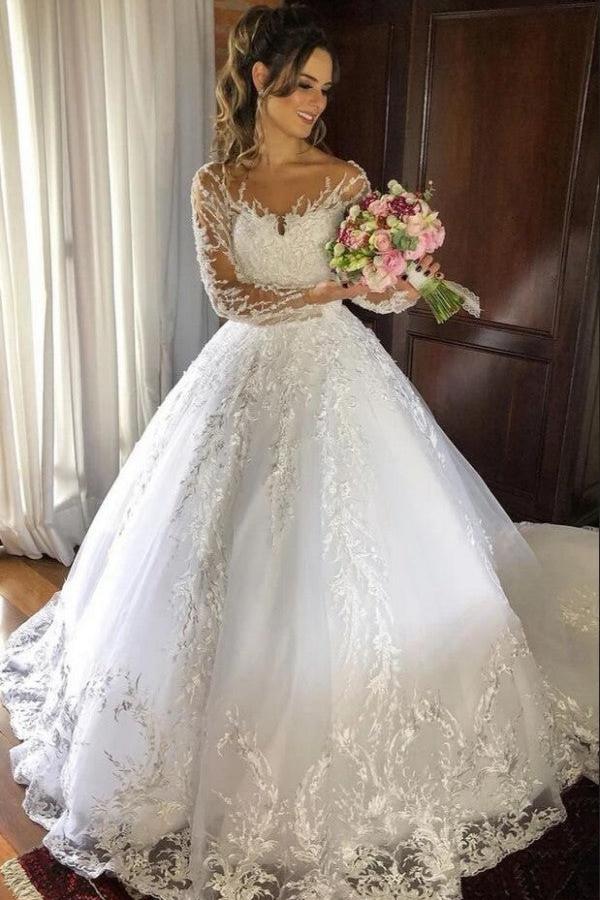 Beautiful Princess Tulle Long Sleeves Wedding Dress With Appliques Online-BallBride