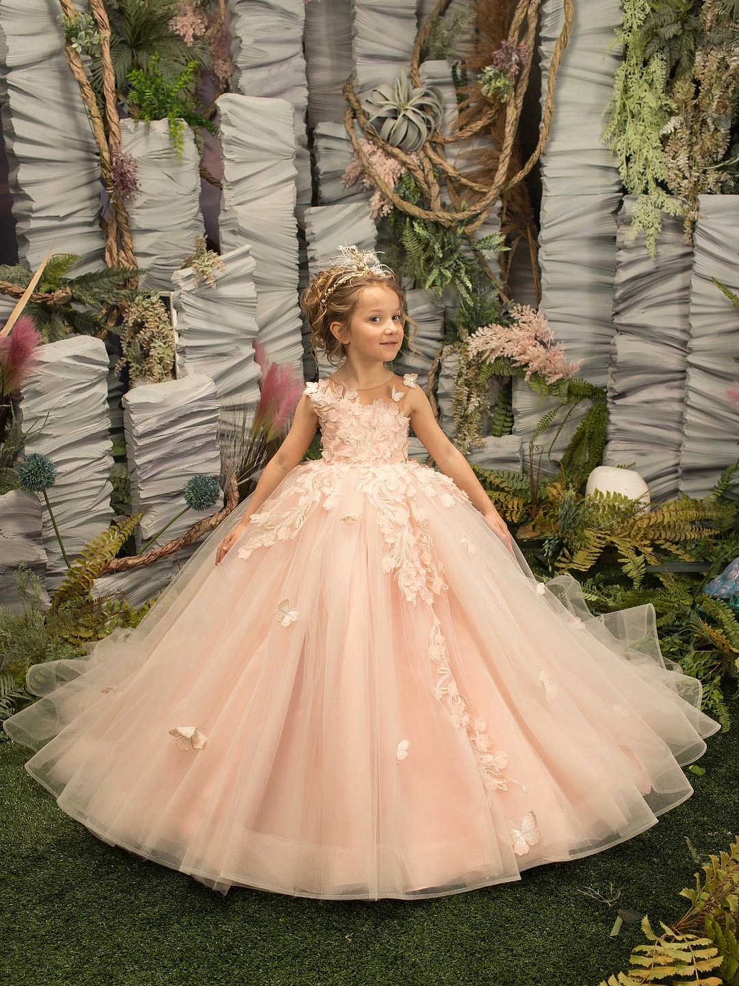 Beautiful Sleeveless A-line Flower Girl Dress with Tulle Appliques and Lace-BallBride