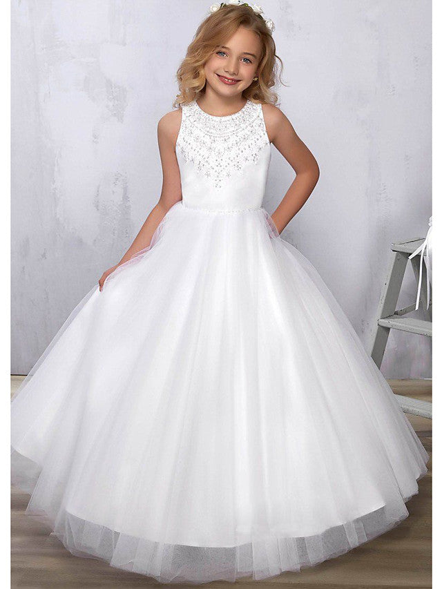 Beautiful Sleeveless Jewel A-Line Floor Length Flower Girl Dress Satin Tulle With Beadings-BallBride