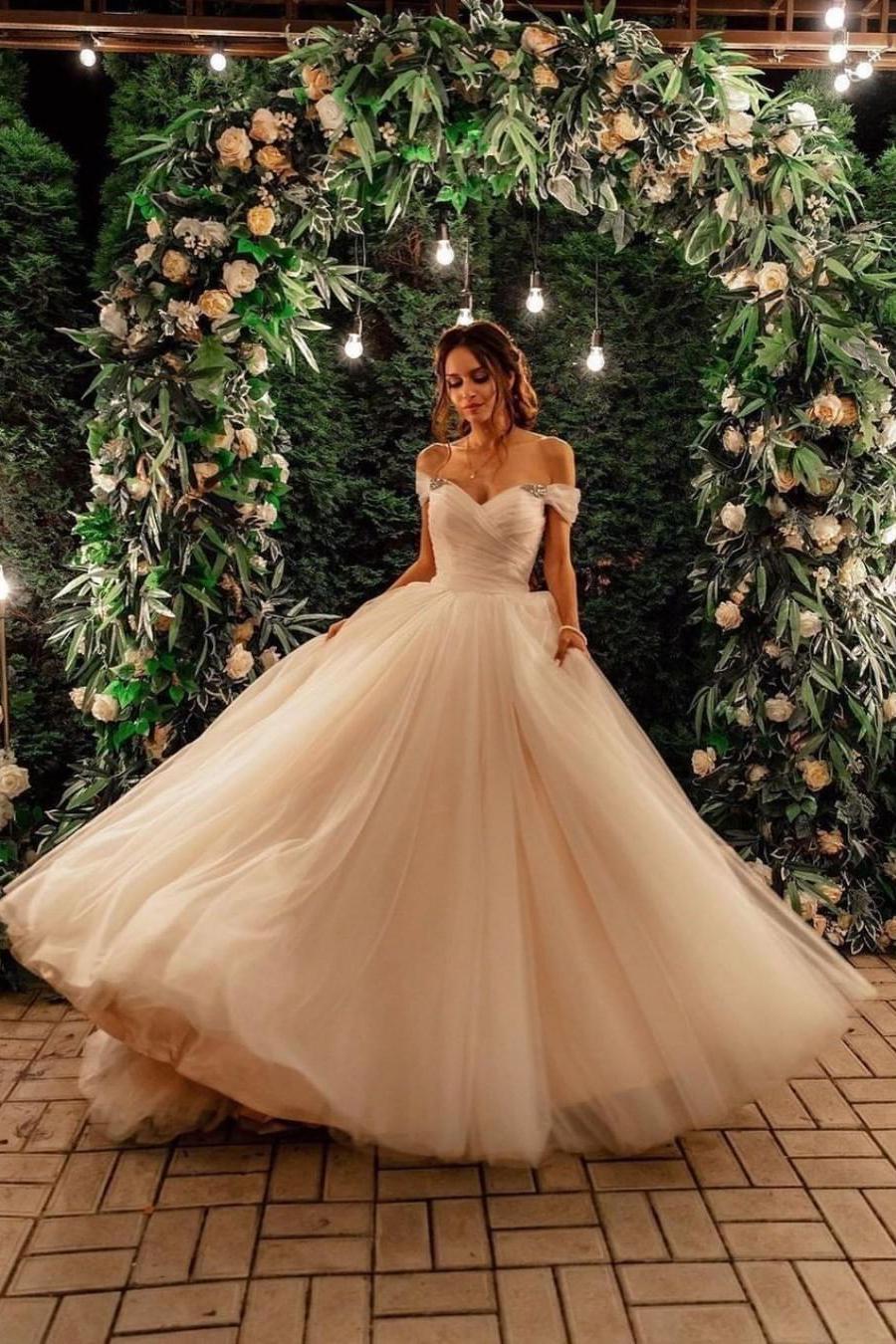 Beautiful Tulle A-line Long Wedding Dress with Off-the-shoulder and Chapel Train-BallBride