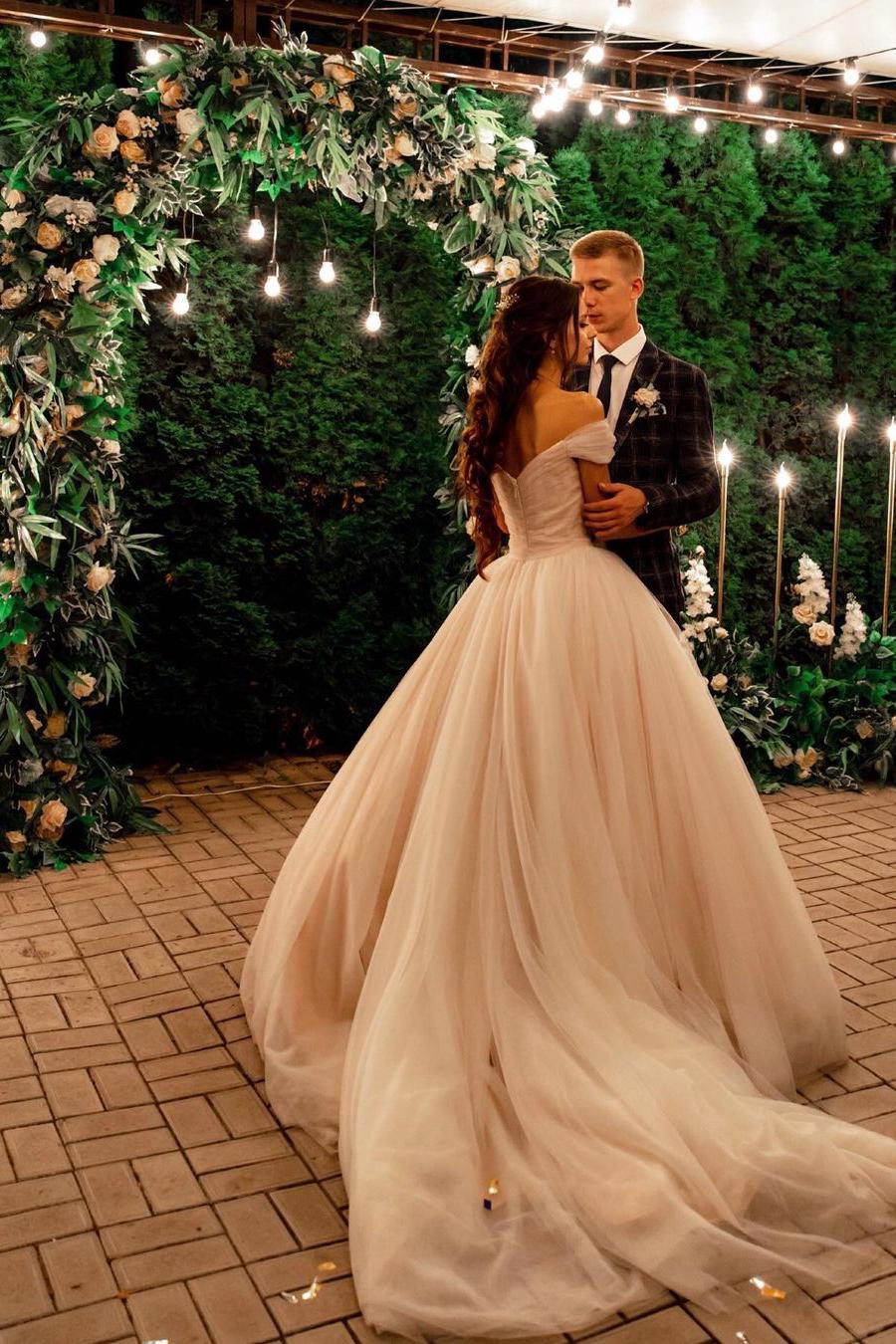 Beautiful Tulle A-line Long Wedding Dress with Off-the-shoulder and Chapel Train-BallBride
