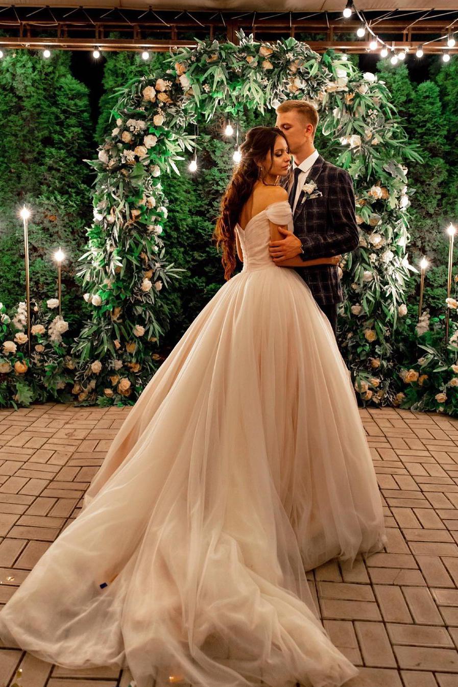 Beautiful Tulle A-line Long Wedding Dress with Off-the-shoulder and Chapel Train-BallBride