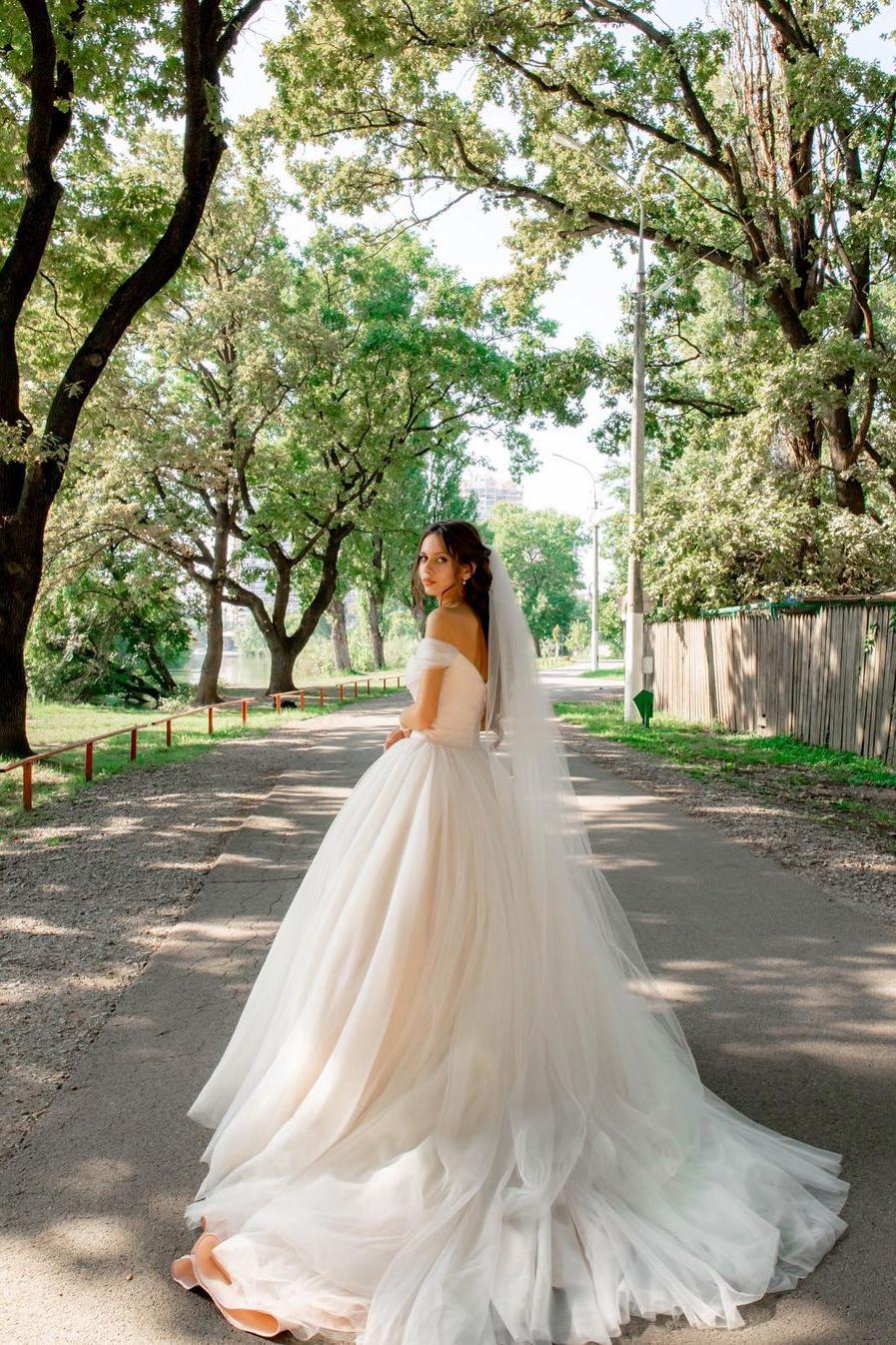 Beautiful Tulle A-line Long Wedding Dress with Off-the-shoulder and Chapel Train-BallBride
