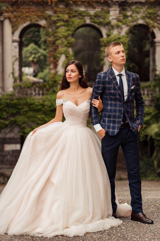 Beautiful Tulle A-line Long Wedding Dress with Off-the-shoulder and Chapel Train-BallBride