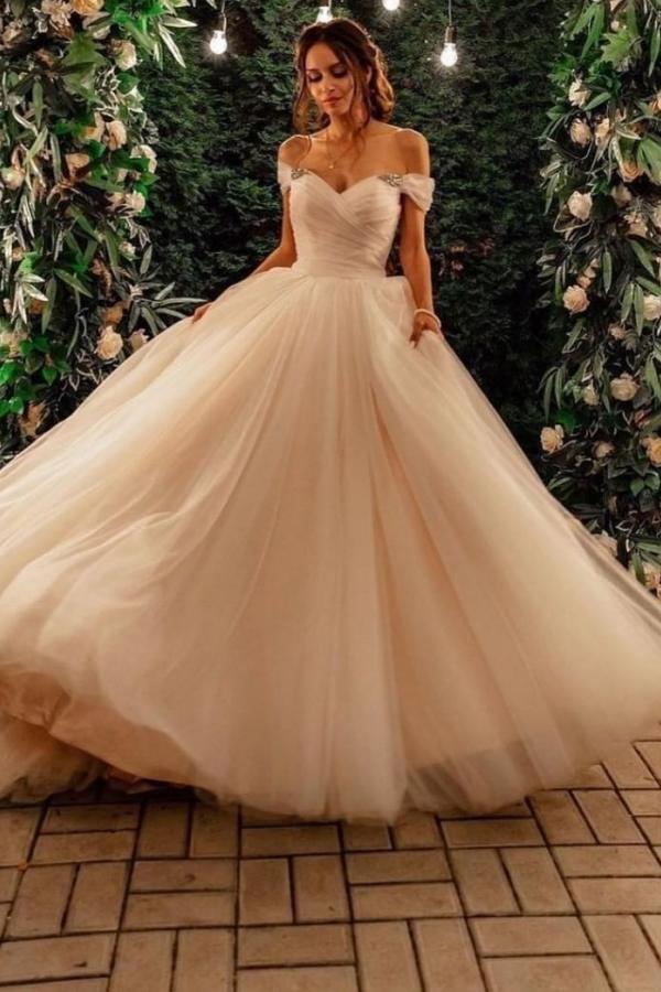 Beautiful Tulle A-line Long Wedding Dress with Off-the-shoulder and Chapel Train-BallBride