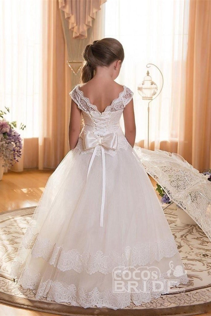 Beige Lace Flower Girls Dress with Short Sleeves and Scoop Neck-BallBride
