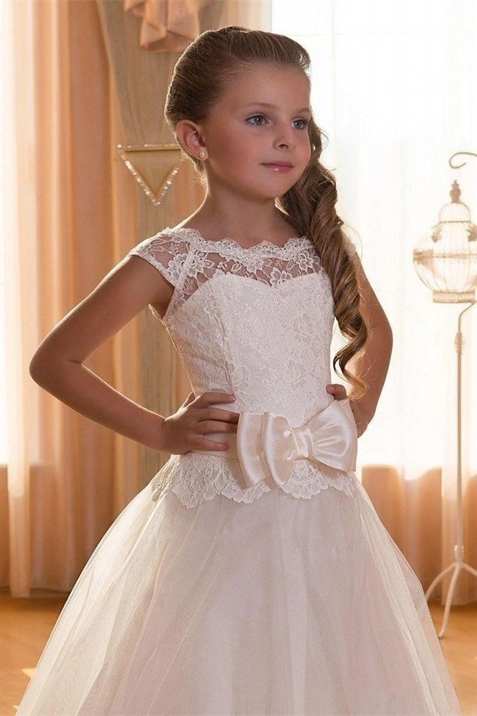 Beige Lace Flower Girls Dress with Short Sleeves and Scoop Neck-BallBride