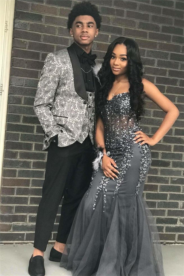 Bespoke 2 Pieces Silver Groom and Groomsmen Prom Suit with Jacquard-BallBride