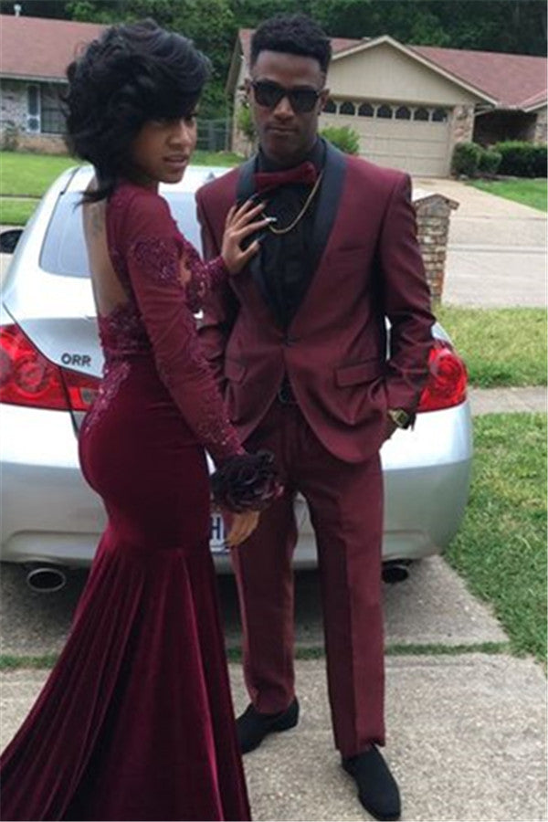 Bespoke Mens Tux with Black Shawl - One Button Burgundy for Weddings-BallBride