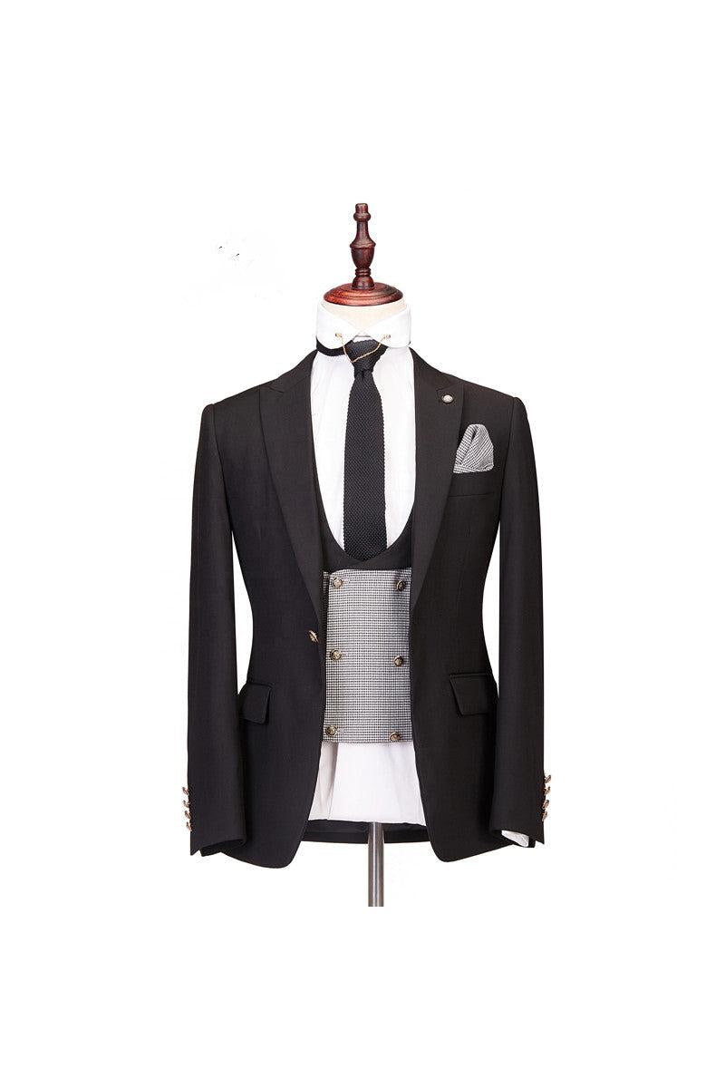Best Fitted Men Suits for Wedding - Gentle Black Peaked Lapel Three-Piece-BallBride