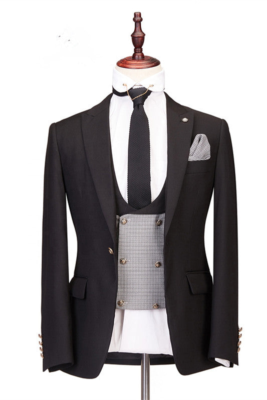 Best Fitted Men Suits for Wedding - Gentle Black Peaked Lapel Three-Piece-BallBride