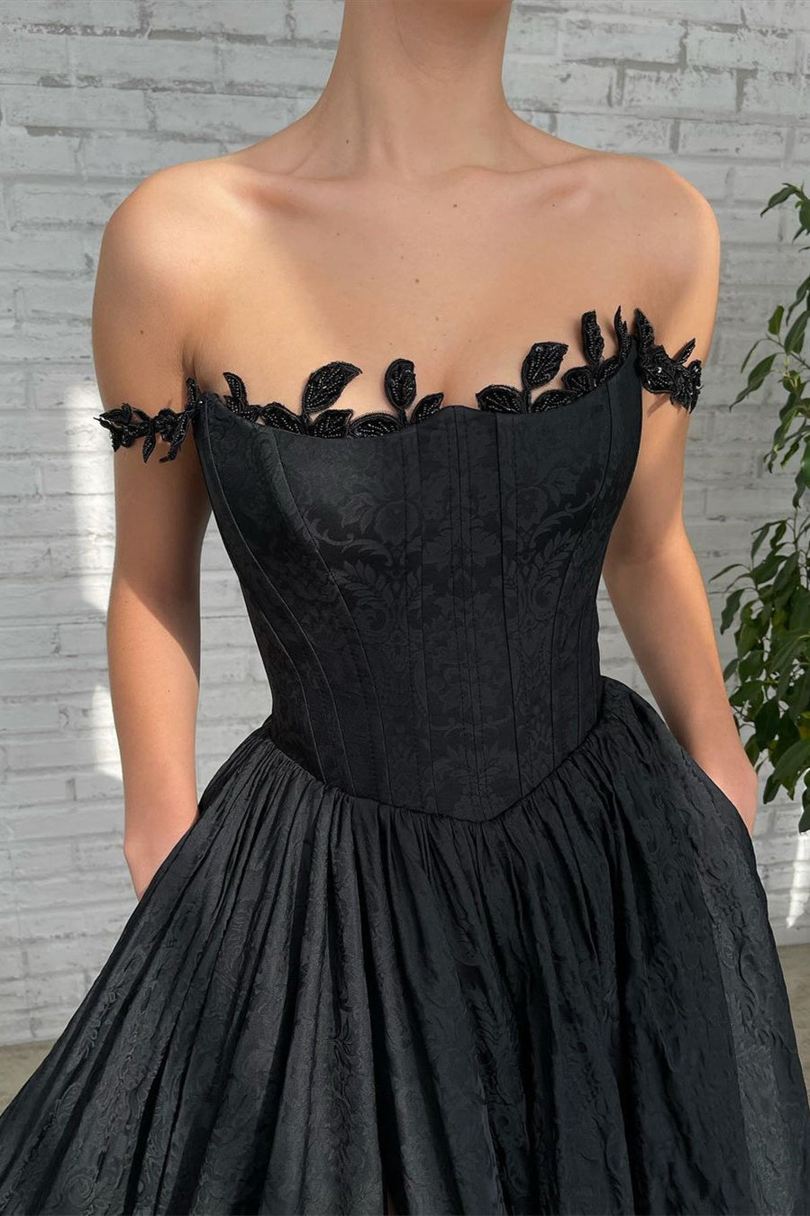 Black A Line Off-The-Shoulder Evening Dress with Sleeveless Lace Side Split-BallBride